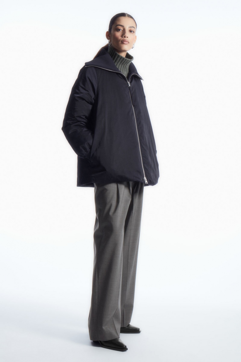 Women's COS Ribbed-Collar Puffer Jackets Navy NZ-21BWFHGMQ
