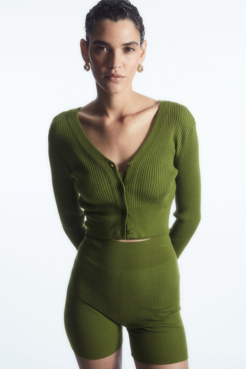 Women's COS Ribbed-Knit Merino Wool Cardigan Dark Green NZ-87MLDBRZP