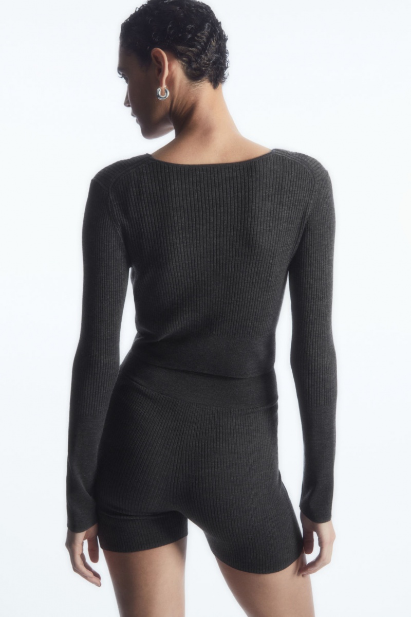 Women's COS Ribbed-Knit Merino Wool Cardigan Dark Grey NZ-60GUJSXLT
