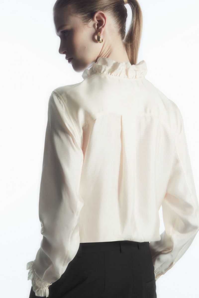 Women's COS Ruffled Mulberry Silk Blouse White NZ-58APDRFZQ