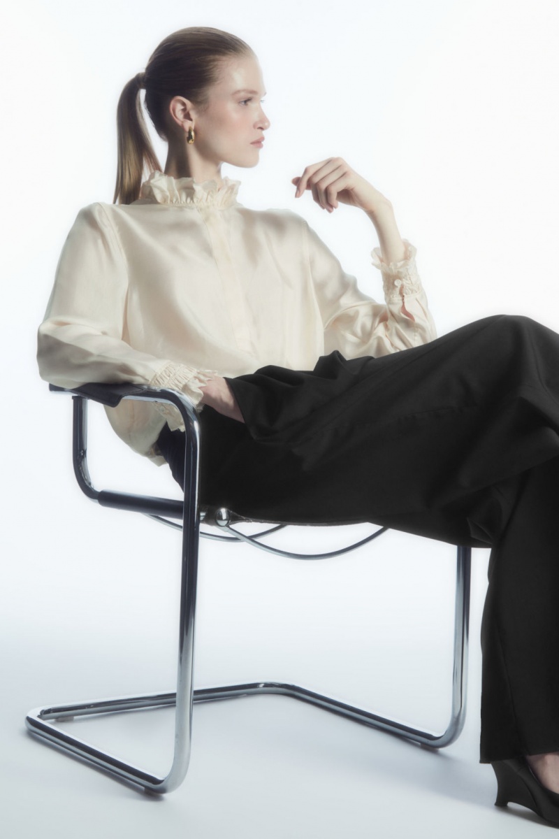 Women's COS Ruffled Mulberry Silk Blouse White NZ-58APDRFZQ