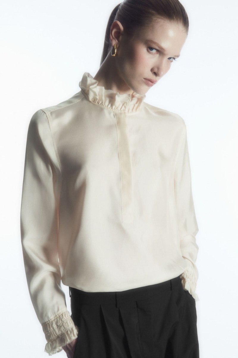 Women\'s COS Ruffled Mulberry Silk Blouse White NZ-58APDRFZQ
