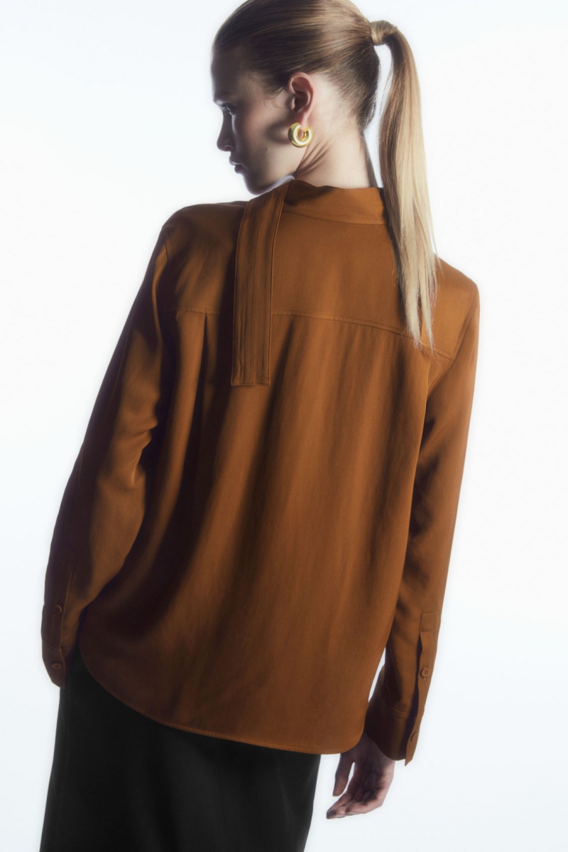 Women's COS Scarf-Detail Cutout Blouse Brown NZ-07YDELVMS