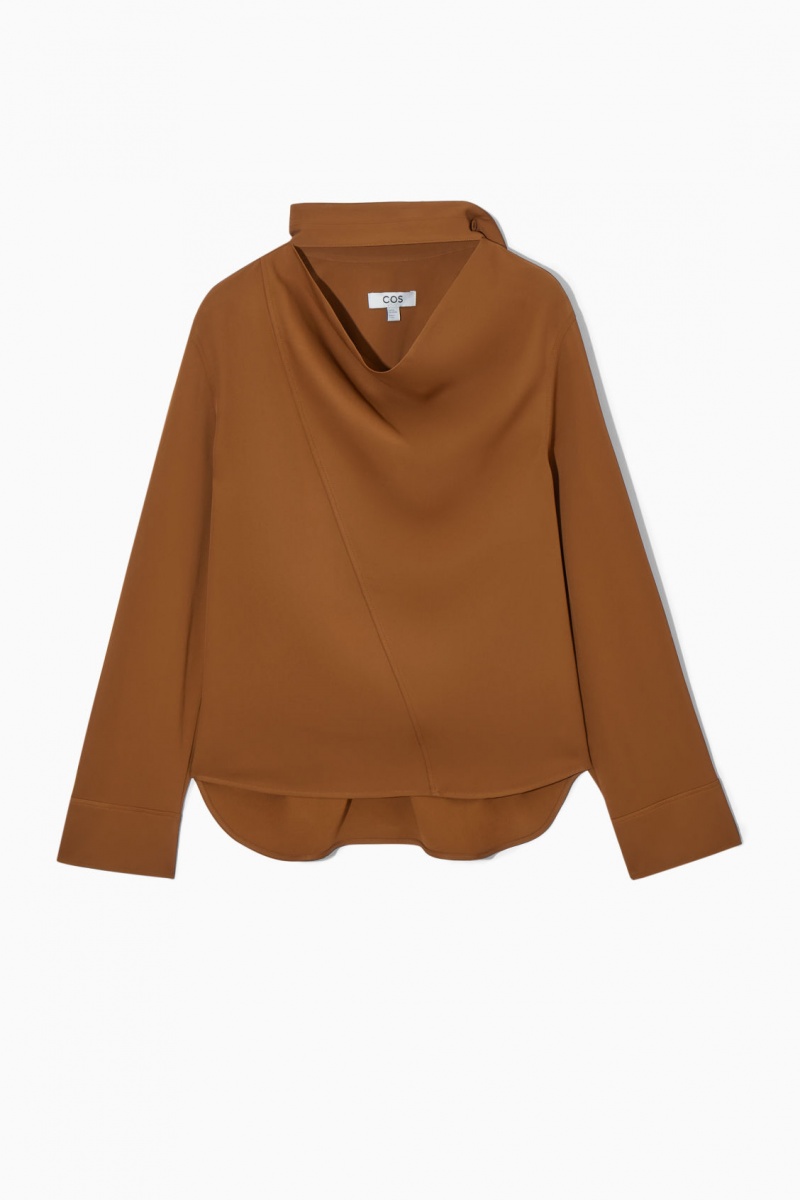 Women's COS Scarf-Detail Cutout Blouse Brown NZ-07YDELVMS