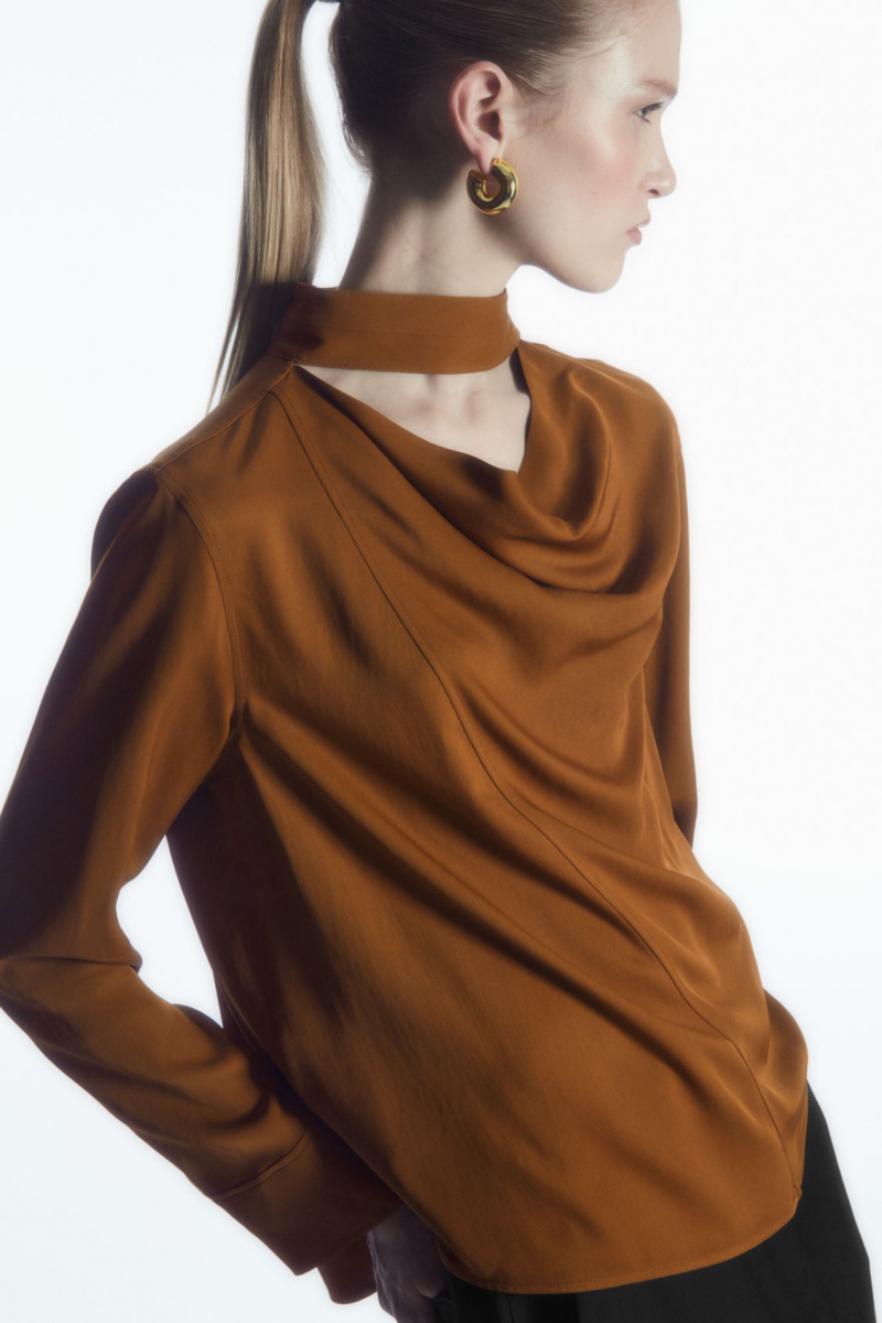 Women\'s COS Scarf-Detail Cutout Blouse Brown NZ-07YDELVMS