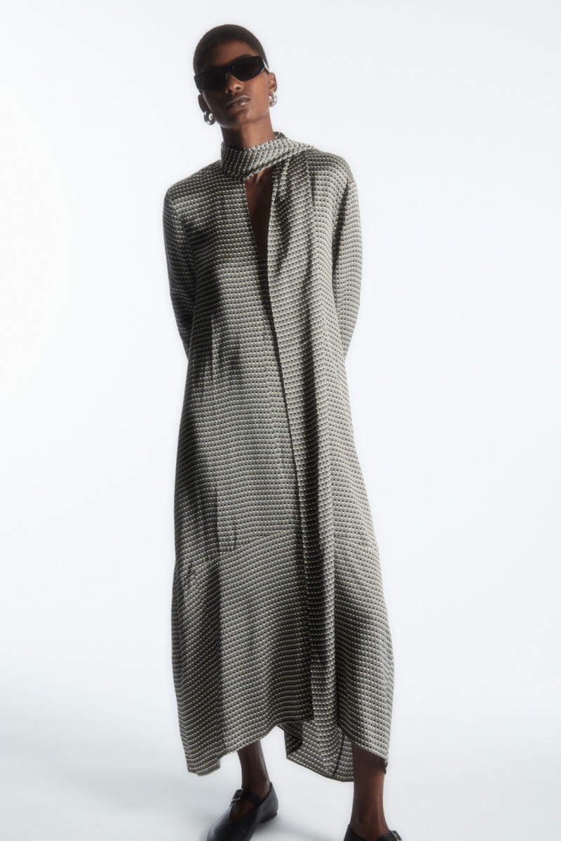 Women\'s COS Scarf-Detail Maxi Dress Black / White NZ-27IUORAXZ