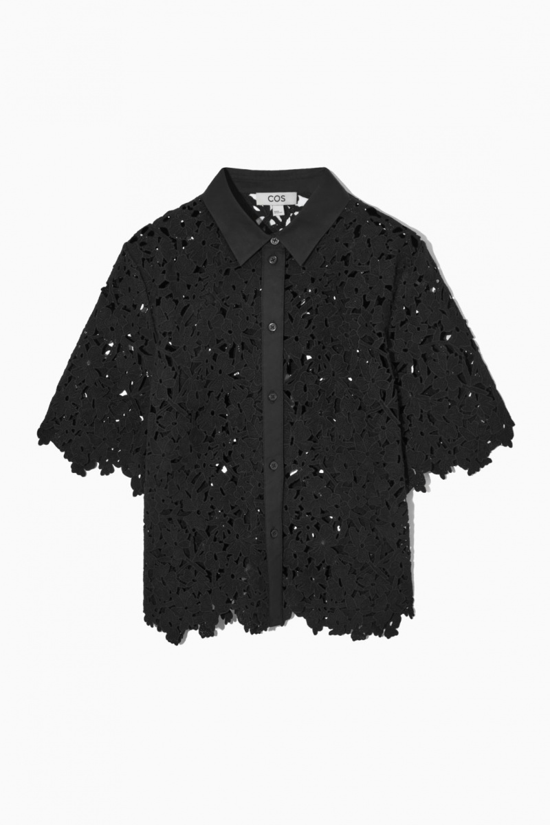 Women's COS Short-Sleeved Broderie Anglaise Shirts Black NZ-34PSYIJON
