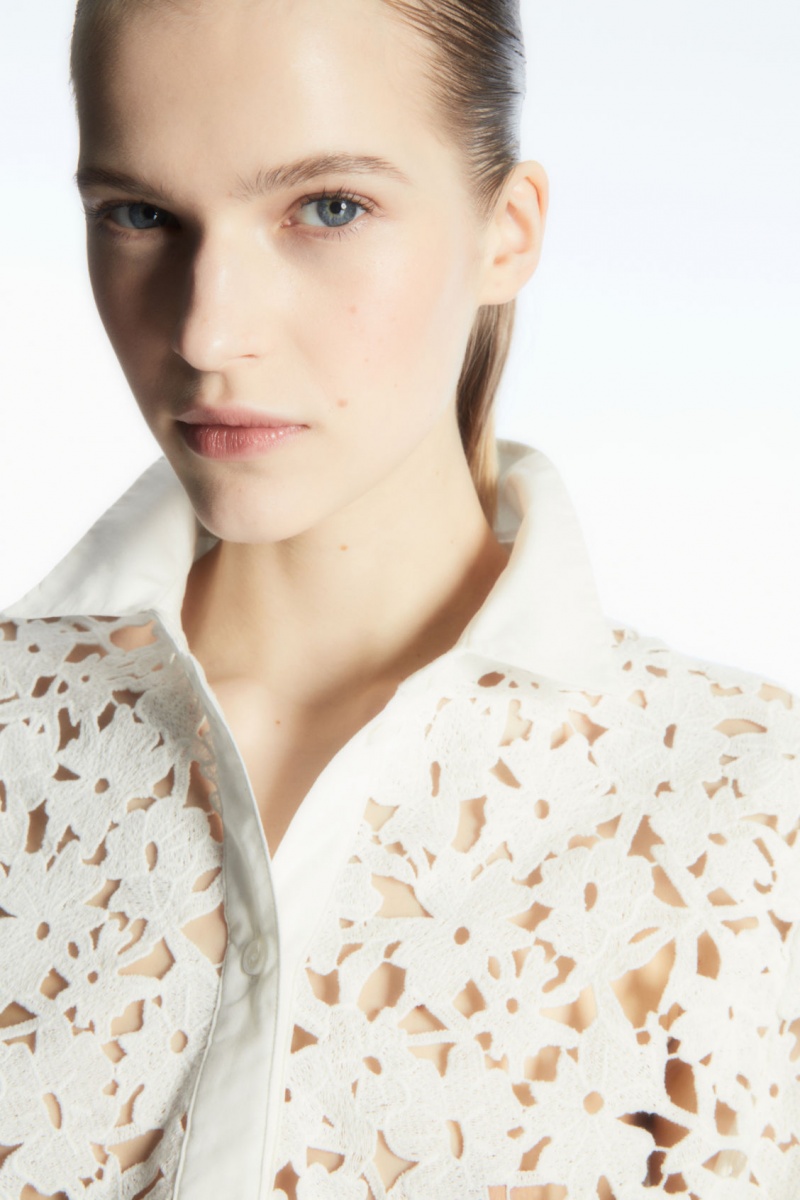 Women's COS Short-Sleeved Broderie Anglaise Shirts White NZ-52BPWTOGU
