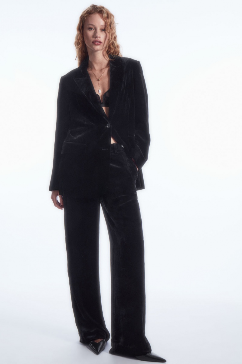 Women's COS Silk-Blend Velvet Straight-Leg Pants Black NZ-48HFGSCNL