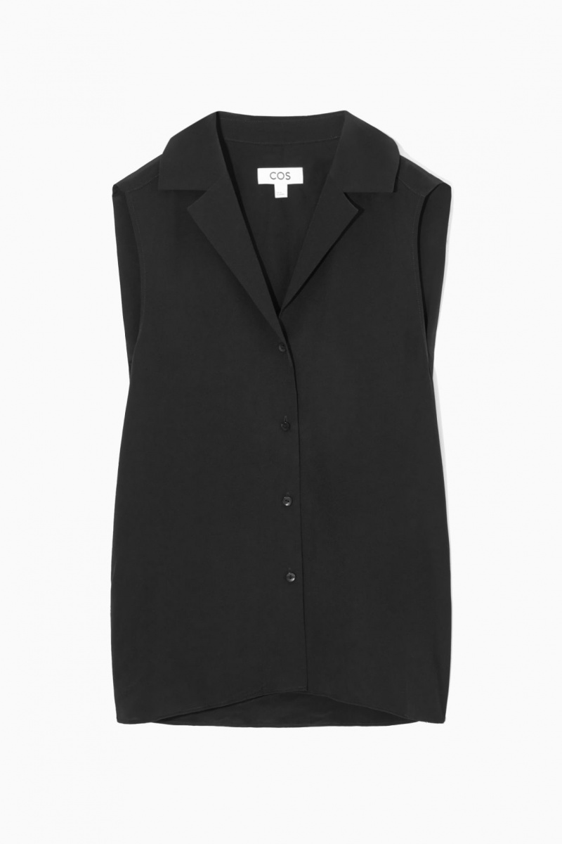 Women's COS Sleeveless Camp-Collar Pure Silk Blouse Black NZ-38GOTSUZL