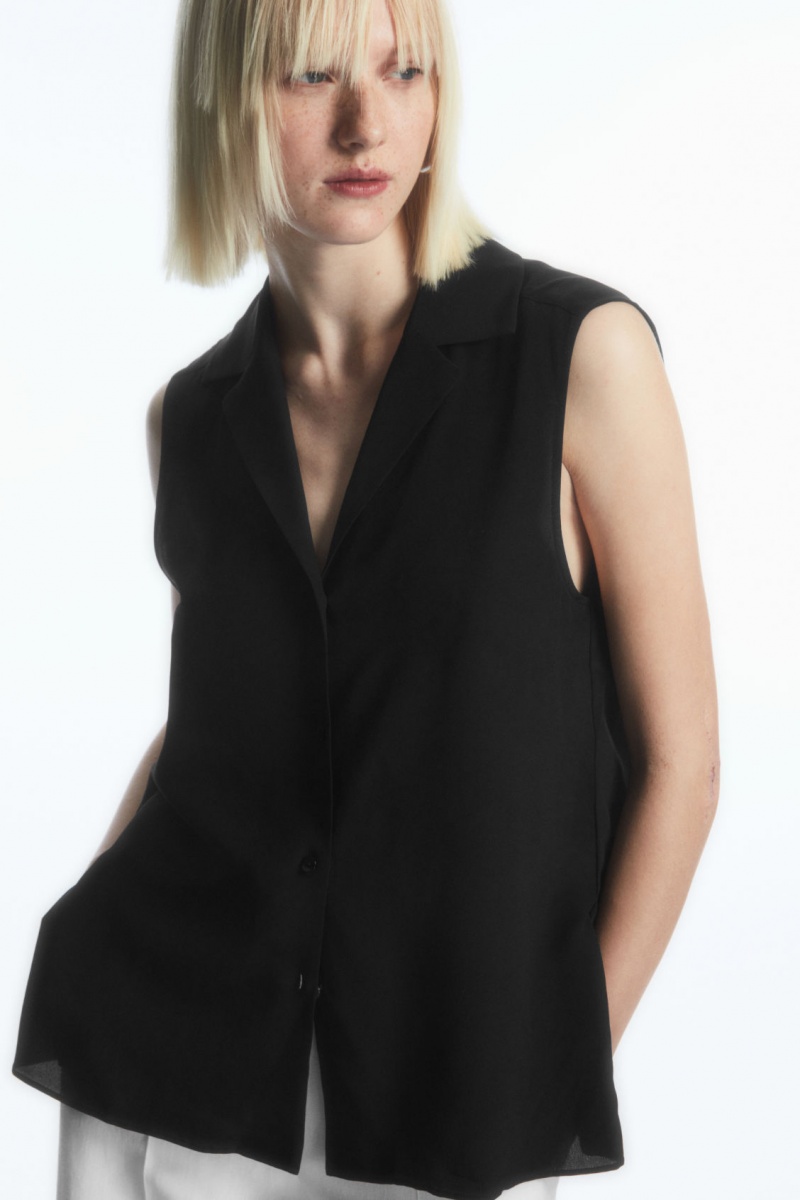 Women\'s COS Sleeveless Camp-Collar Pure Silk Blouse Black NZ-38GOTSUZL