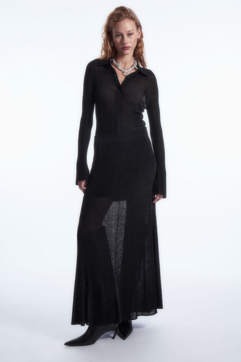 Women's COS Sparkly Ribbed-Knit Maxi Skirt Black NZ-14PWHCQZY