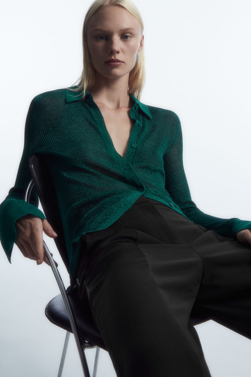 Women\'s COS Sparkly Ribbed-Knit Shirts Dark Green NZ-91OPSXKEQ