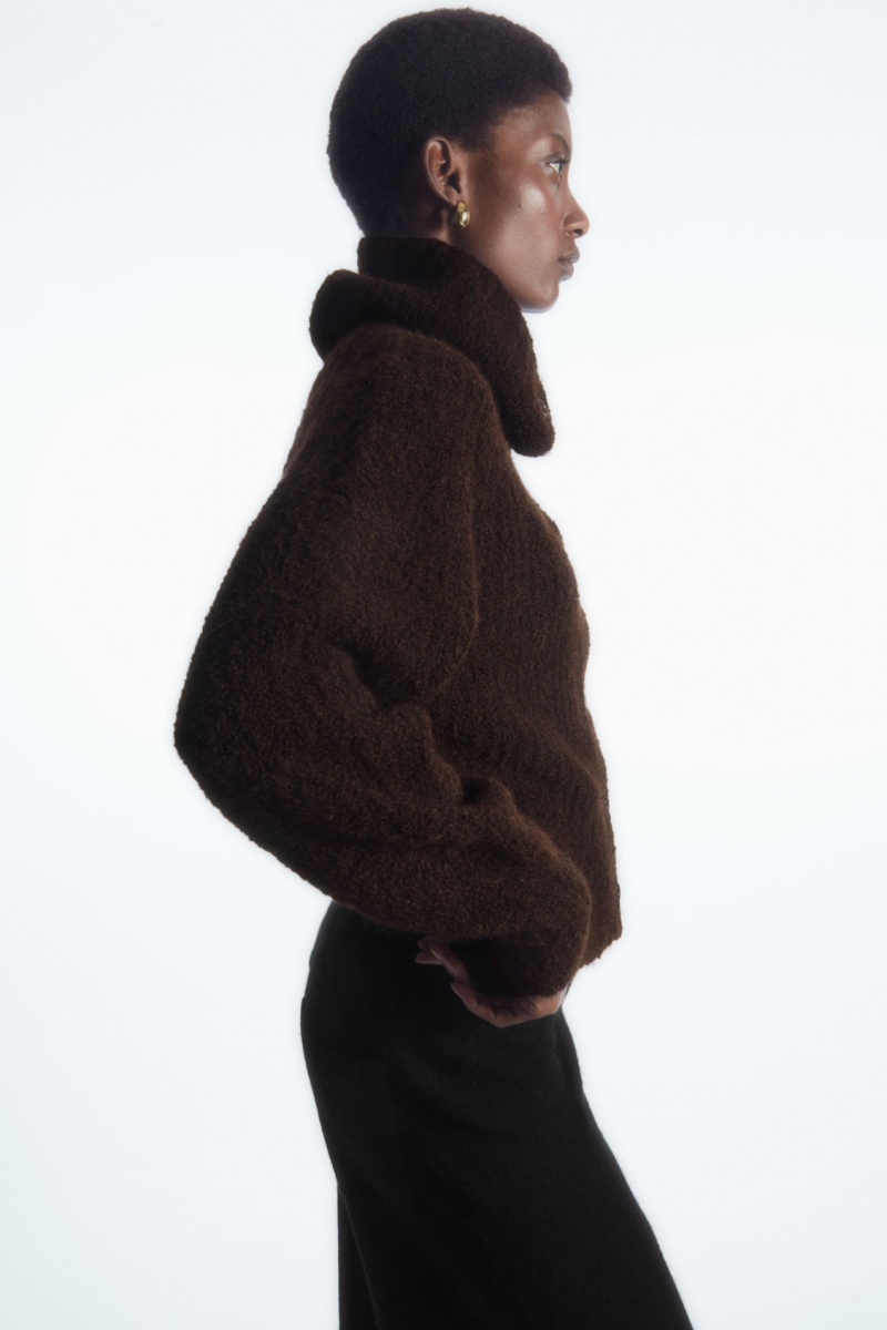 Women's COS Spread-Collar Textured Alpaca Cardigan Dark Brown NZ-05BTUCVRP