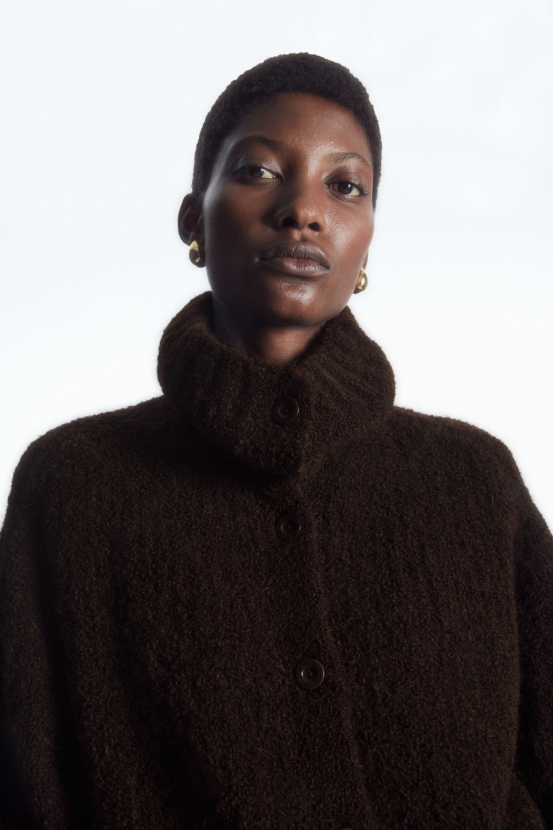 Women's COS Spread-Collar Textured Alpaca Cardigan Dark Brown NZ-05BTUCVRP