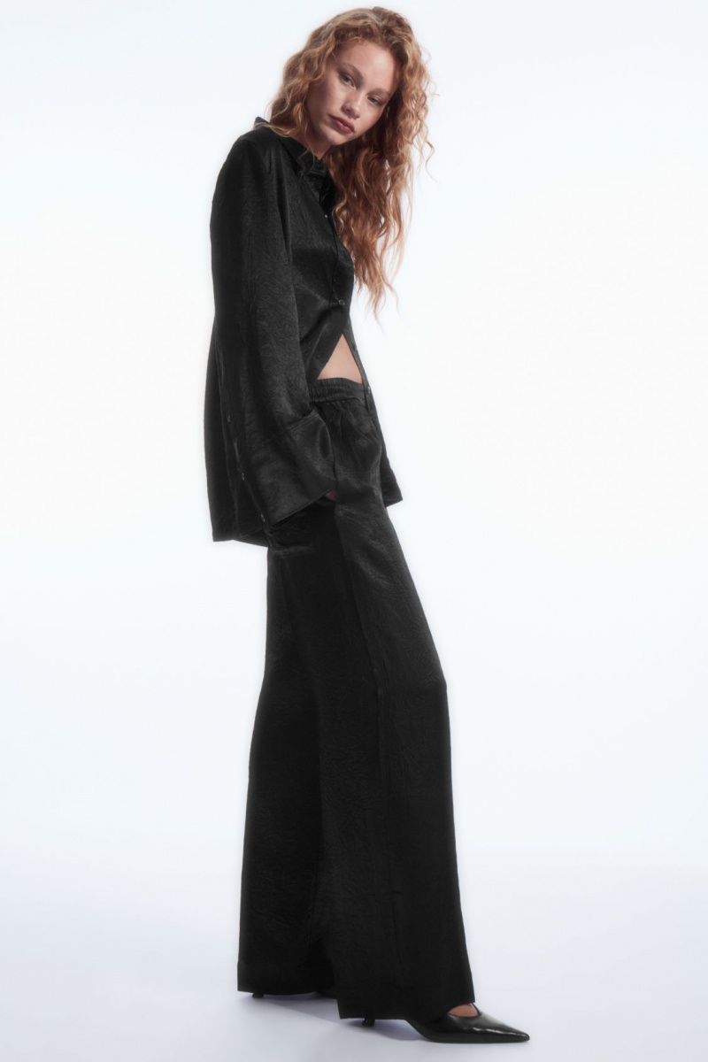 Women's COS Straight-Leg Crinkled-Satin Pants Black NZ-70UKCTWHG