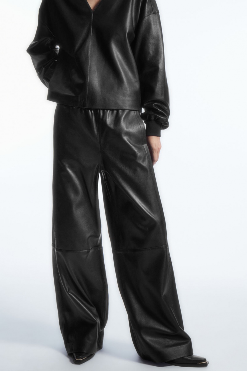 Women's COS Straight-Leg Elasticated Leather Pants Black NZ-13FLBGODE