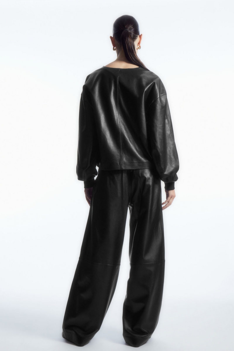 Women's COS Straight-Leg Elasticated Leather Pants Black NZ-13FLBGODE
