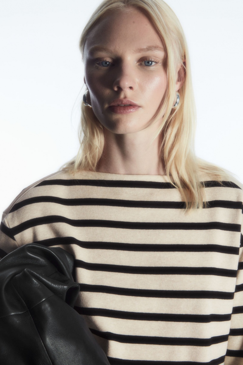 Women's COS Striped Boat-Neck Long-Sleeved Tops Navy / White NZ-78APSQXVJ