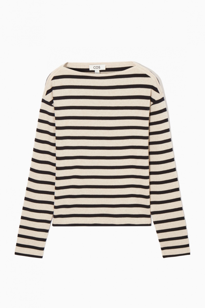 Women's COS Striped Boat-Neck Long-Sleeved Tops Navy / White NZ-78APSQXVJ