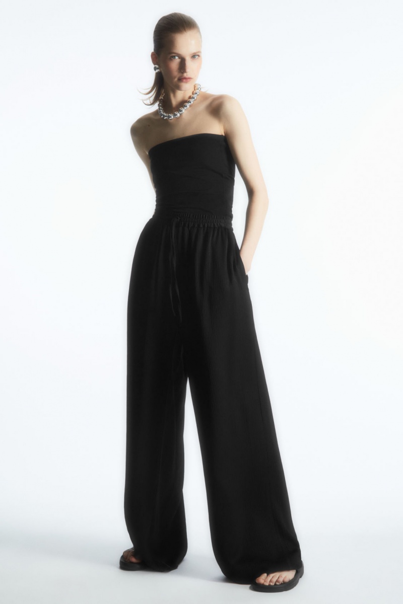 Women's COS Textured Wide-Leg Drawstring Pants Black NZ-30ASIVMLZ