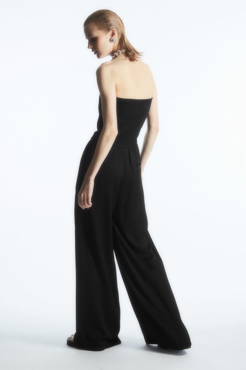 Women's COS Textured Wide-Leg Drawstring Pants Black NZ-30ASIVMLZ
