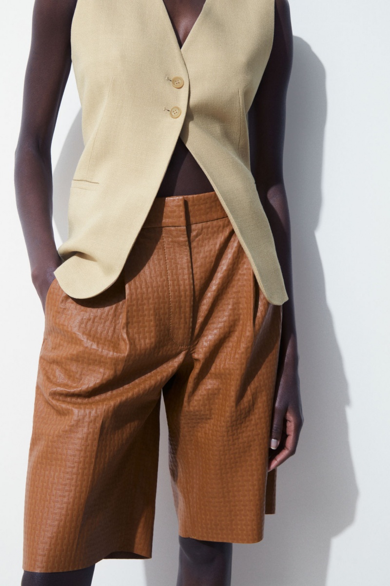 Women's COS The Embossed-Leather Bermuda Shorts Brown NZ-54KCVGXES