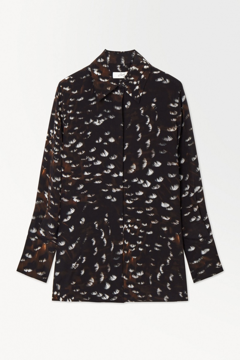 Women's COS The Feather-Print Silk Shirts Black NZ-31NUXKDZL