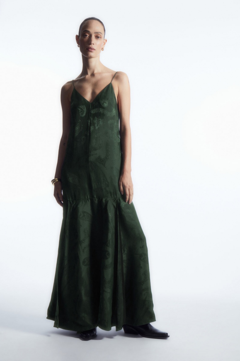 Women's COS Tiered Paisley-Jacquard Silk Maxi Dress Dark Green NZ-85FBCJXZG