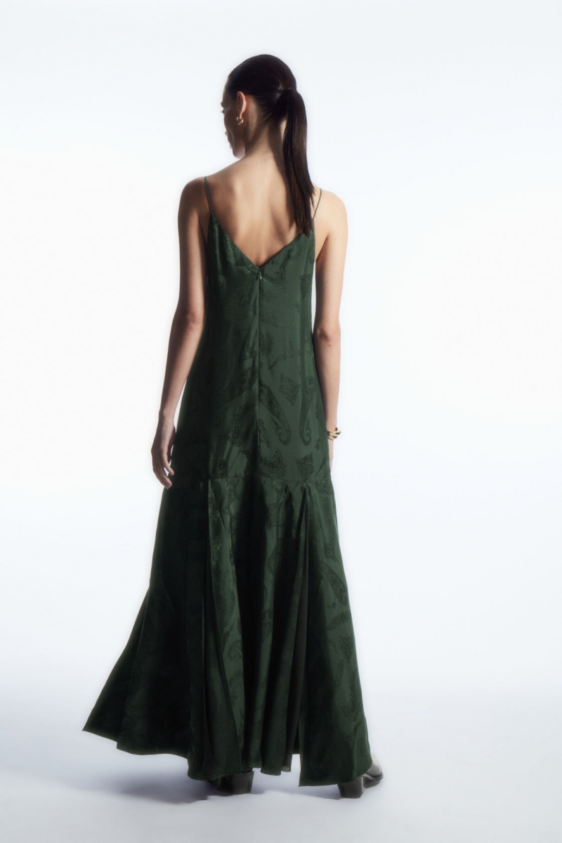 Women's COS Tiered Paisley-Jacquard Silk Maxi Dress Dark Green NZ-85FBCJXZG
