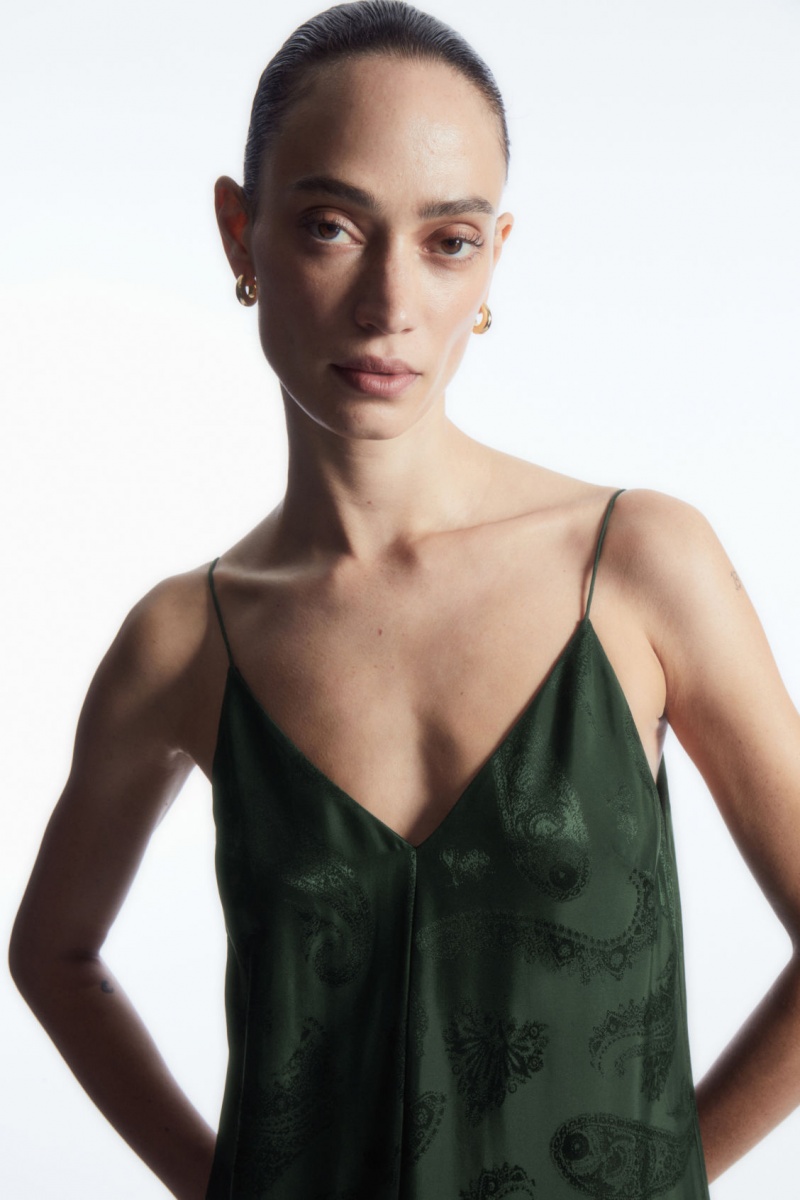 Women's COS Tiered Paisley-Jacquard Silk Maxi Dress Dark Green NZ-85FBCJXZG