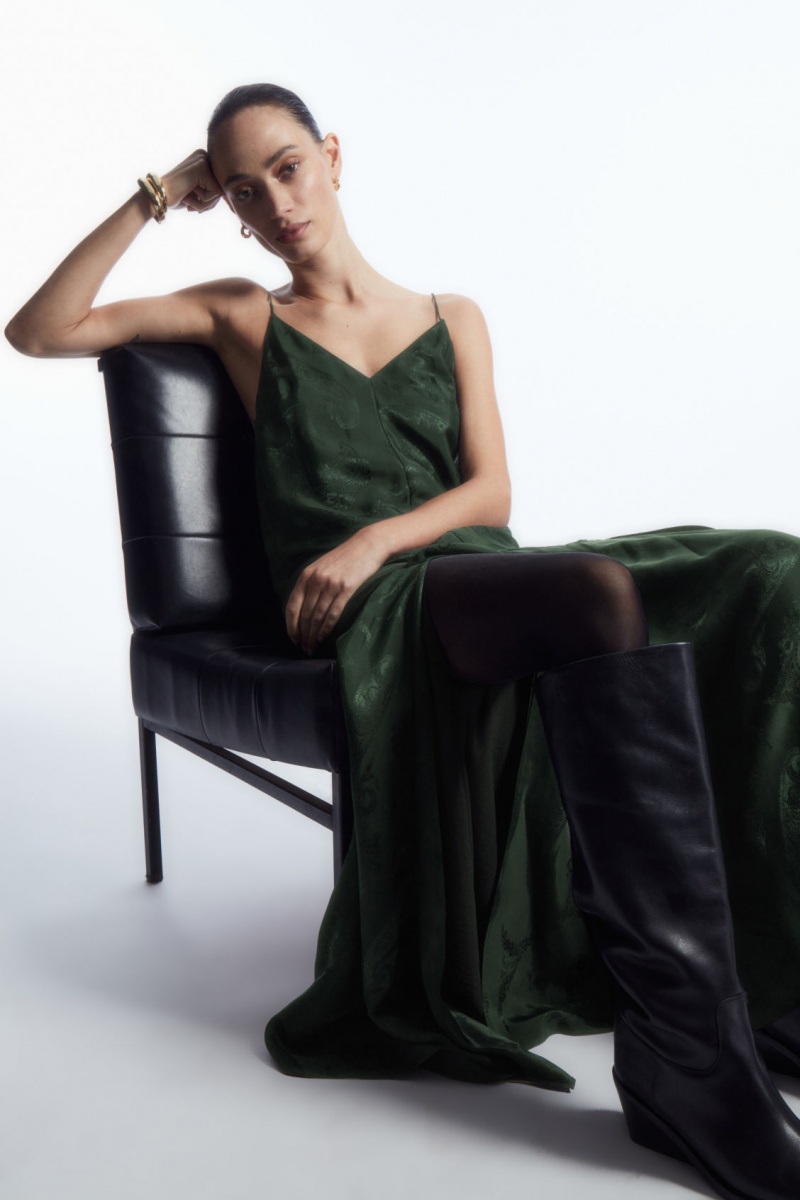 Women\'s COS Tiered Paisley-Jacquard Silk Maxi Dress Dark Green NZ-85FBCJXZG