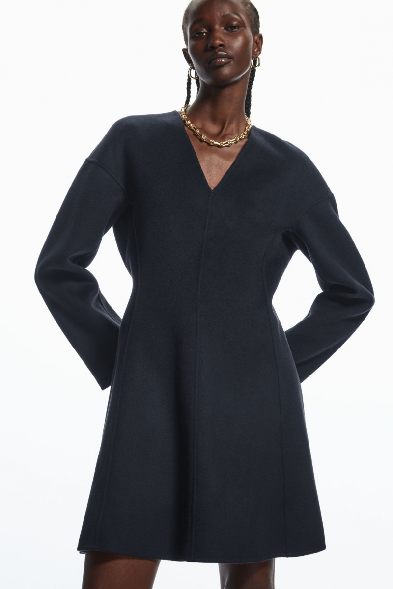 Women's COS V-Neck Double-Faced Wool Dress Navy NZ-47JRHUXQL