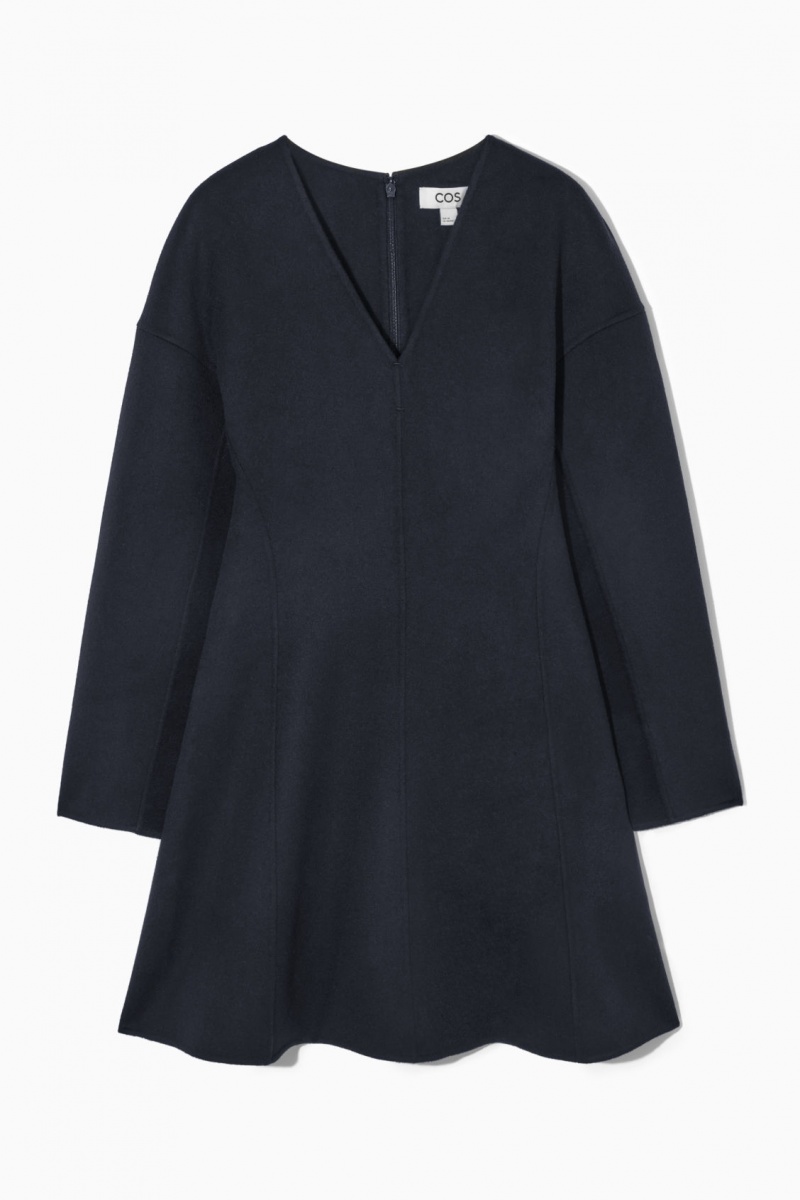 Women's COS V-Neck Double-Faced Wool Dress Navy NZ-47JRHUXQL