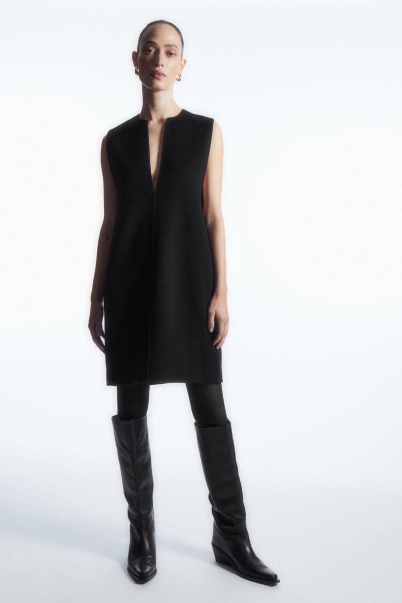 Women's COS V-Neck Double-Faced Wool Dress Black NZ-94LSMVTHI