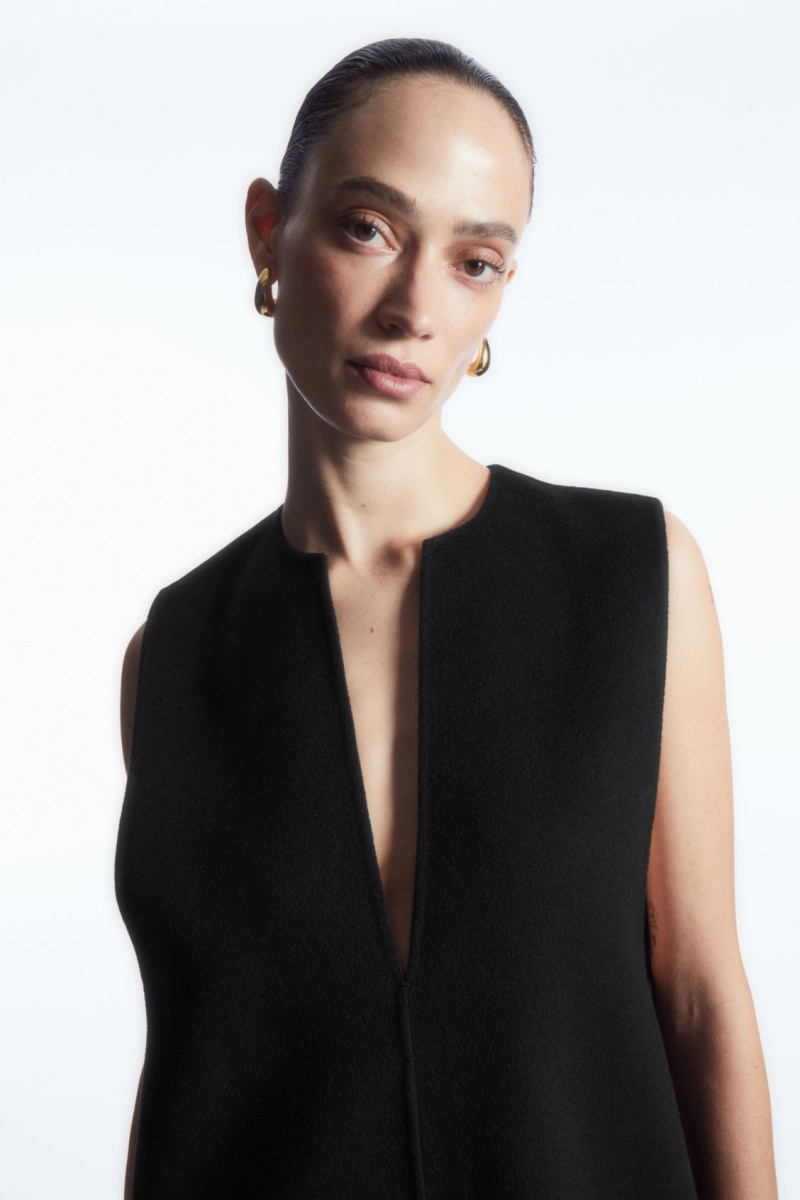 Women's COS V-Neck Double-Faced Wool Dress Black NZ-94LSMVTHI
