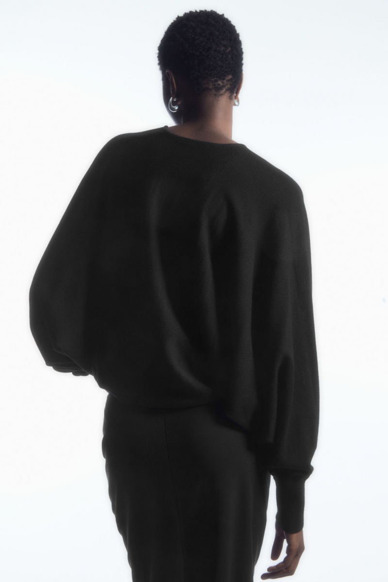 Women's COS V-Neck Merino Wool Batwing Sweaters Black NZ-05QKJIVMD