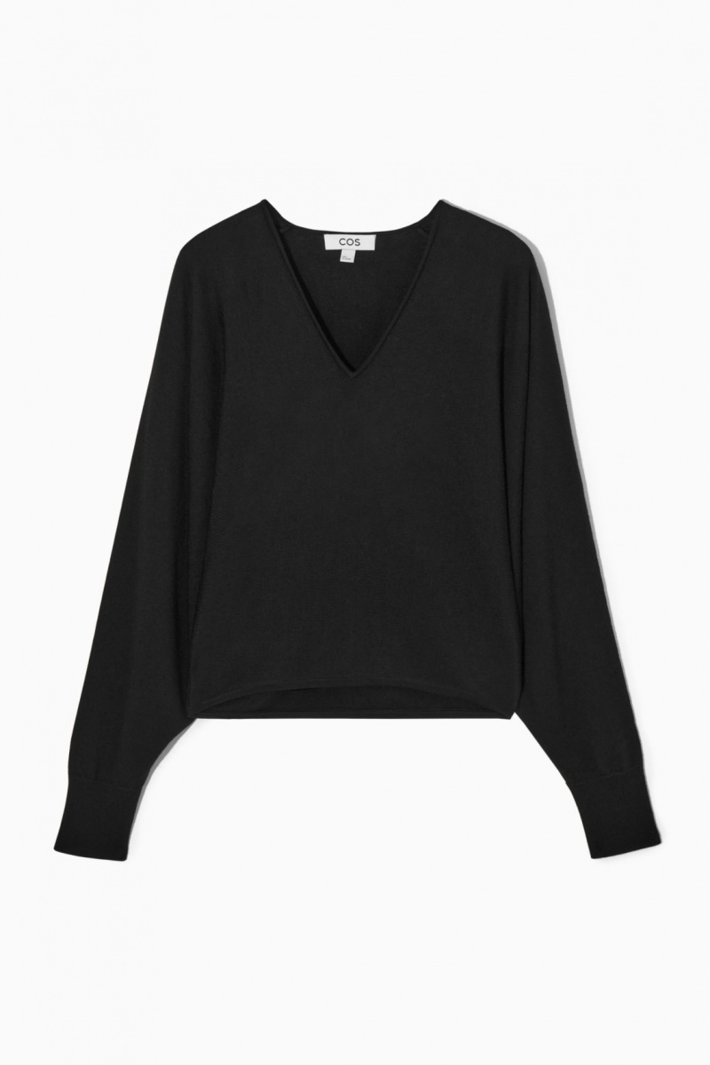 Women's COS V-Neck Merino Wool Batwing Sweaters Black NZ-05QKJIVMD