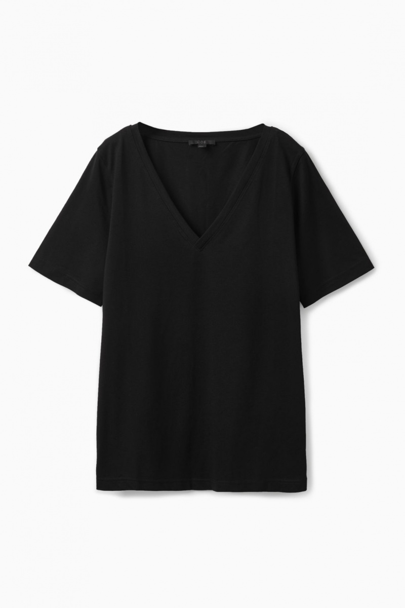 Women's COS V-Neck T-Shirt Black NZ-91UDMHQLF