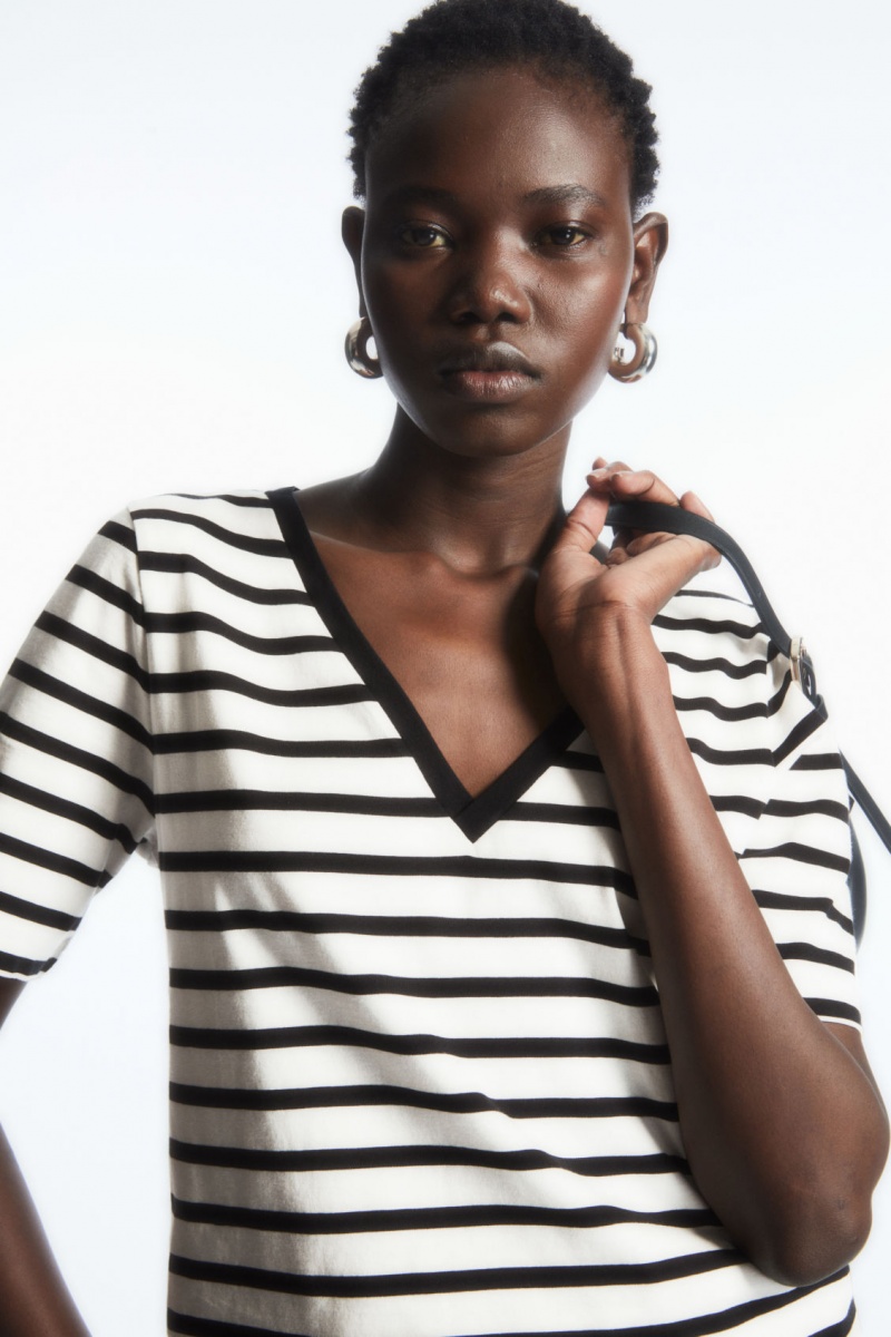 Women's COS V-Neck T-Shirt Navy / White NZ-34OGYMVQP