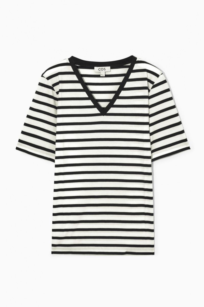 Women's COS V-Neck T-Shirt Navy / White NZ-34OGYMVQP