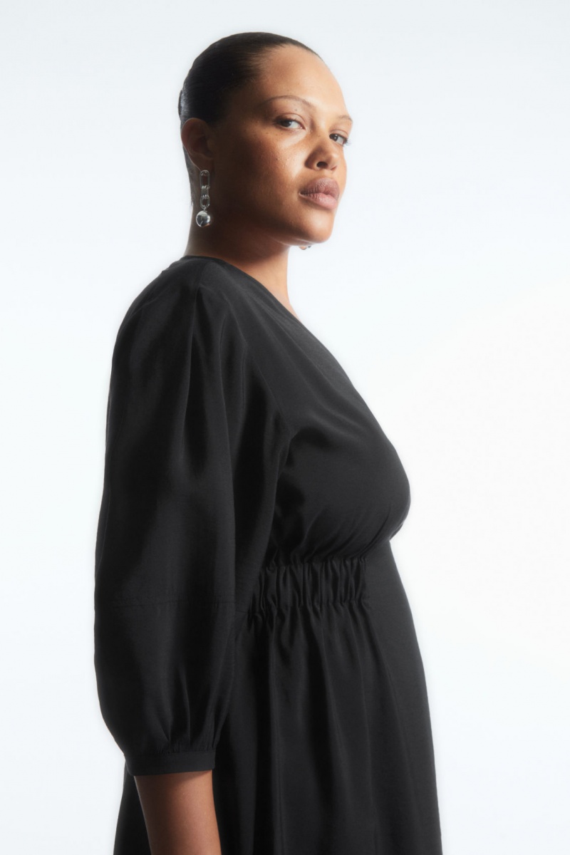 Women's COS Voluminous V-Neck Dress Black NZ-02DBHAGNZ