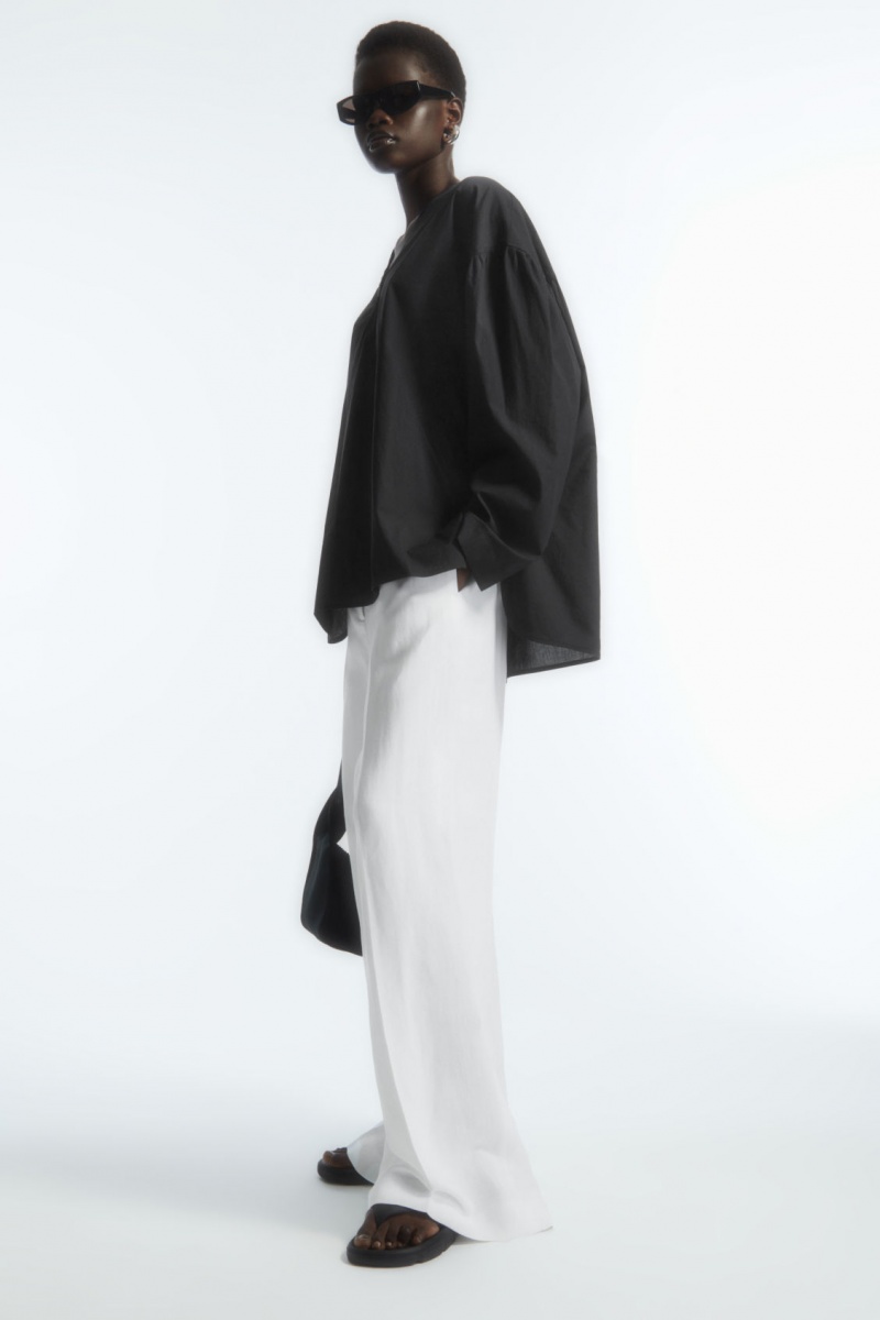 Women's COS Voluminous V-Neck Poplin Shirts Black NZ-92WUAVELG