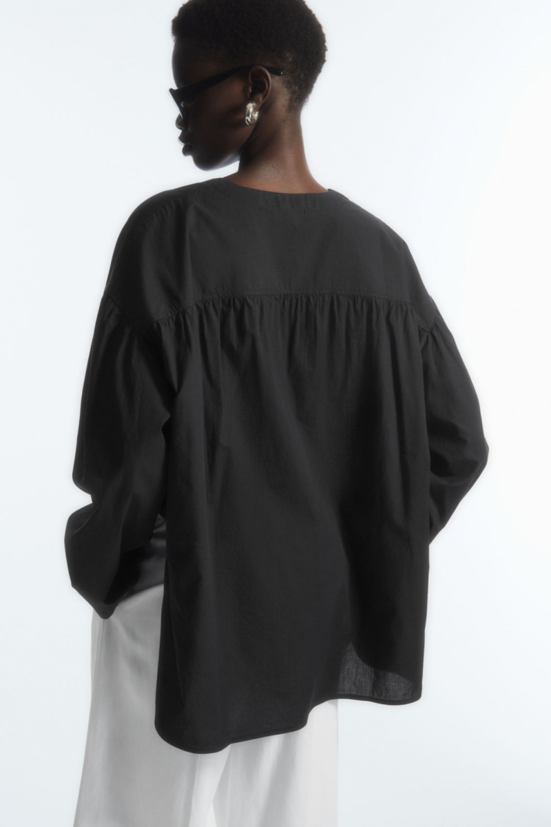 Women's COS Voluminous V-Neck Poplin Shirts Black NZ-92WUAVELG