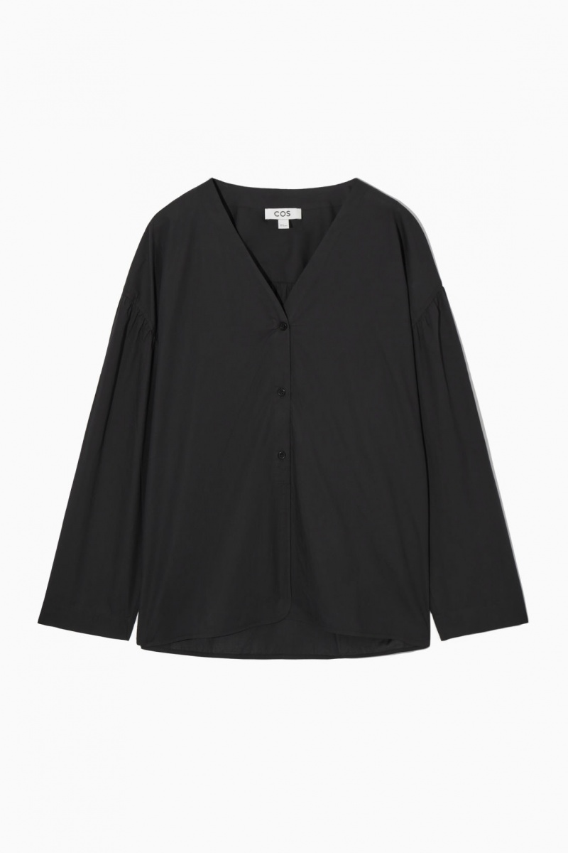 Women's COS Voluminous V-Neck Poplin Shirts Black NZ-92WUAVELG