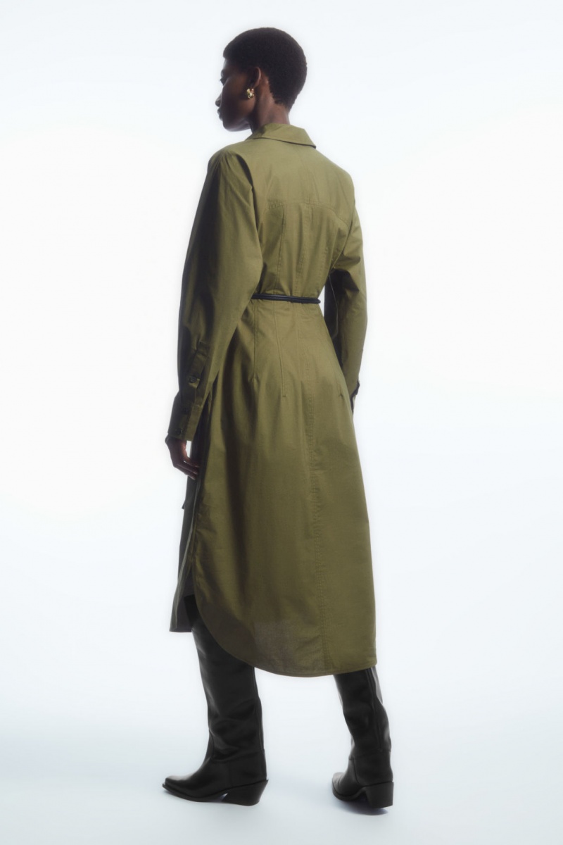 Women's COS Waisted Midi Dress Khaki Green NZ-53TSCHYMN