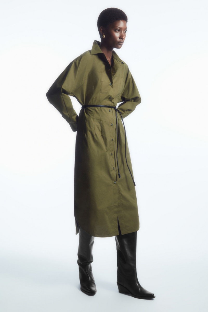 Women\'s COS Waisted Midi Dress Khaki Green NZ-53TSCHYMN