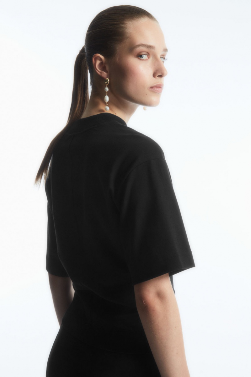Women's COS Waisted Mock-Neck T-Shirt Black NZ-97VXMGWHZ