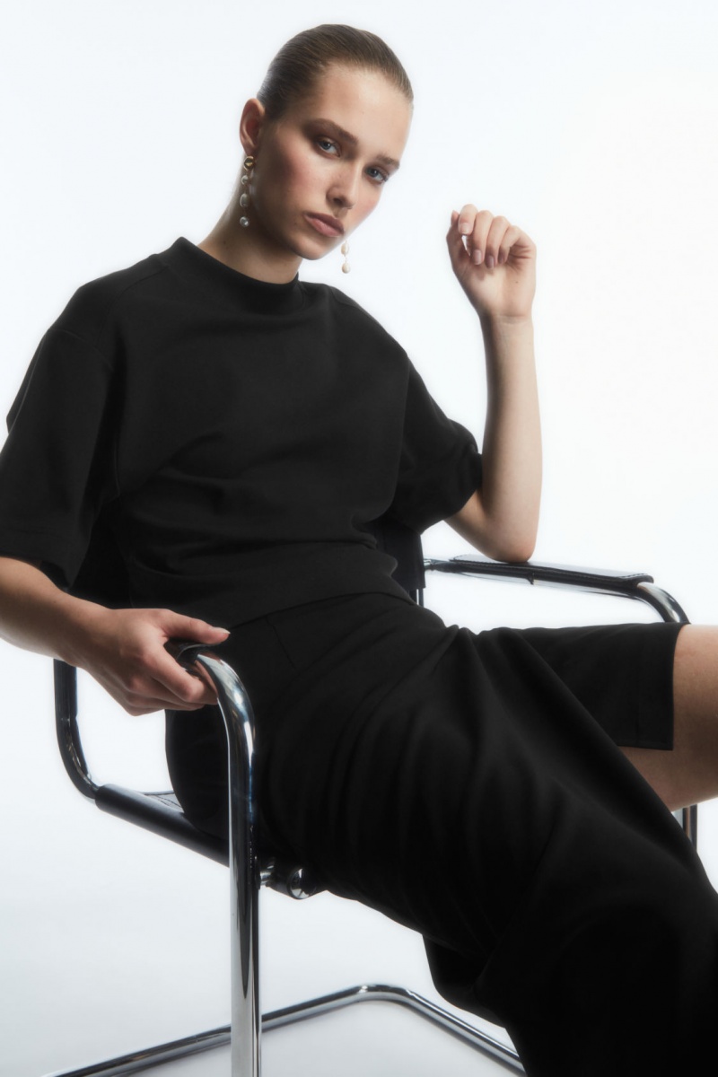 Women's COS Waisted Mock-Neck T-Shirt Black NZ-97VXMGWHZ