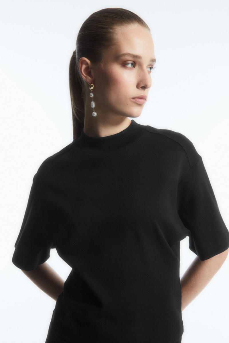 Women\'s COS Waisted Mock-Neck T-Shirt Black NZ-97VXMGWHZ